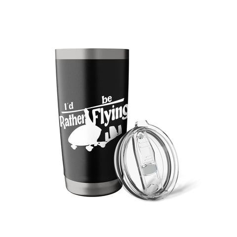 Gyrocopter Gyroplane Pilot Stainless Steel Insulated Tumbler Dual Wall Coffee Cup with text, black color, lid off