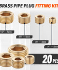 Brass pipe plug set with internal hex sockets; 20 pieces in 1/2, 3/8, 1/4, 1/8 NPT sizes.