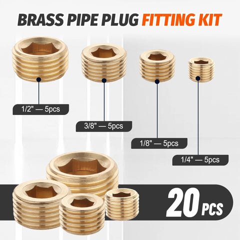 Brass pipe plug set with internal hex sockets; 20 pieces in 1/2, 3/8, 1/4, 1/8 NPT sizes.