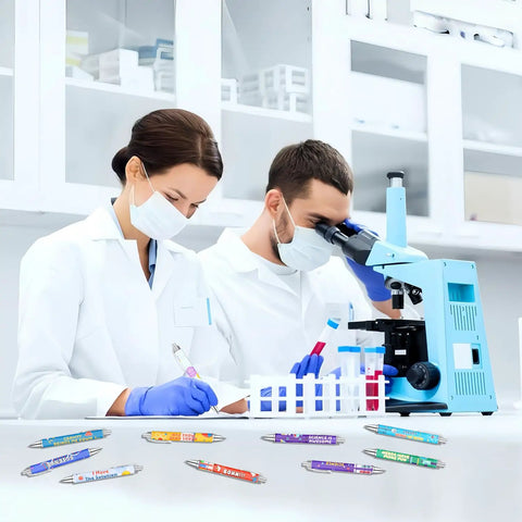 Science Theme Ballpoint Pens 10 Pack Colorful STEM Design Pens With Lab Icons Chemistry Physics Biology Patterns on lab table