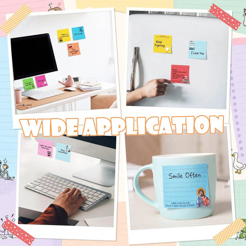 100 Pack Funny Sticky Notes for Work 3 by 3 Inches Sarcastic Self Adhesive Notepads with 25 Designs displayed in various settings