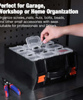 Person using Double-Sided Parts Organizer Box With Eighteen Removable Bins Portable Screw And Hardware Storage Case For Nuts Bolts Nails Washers Small Parts And DIY Pro Projects