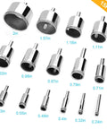 Front view: 15-piece diamond drill bit set for ceramic, tile, glass; chrome bits with diamond grit, sizes 0.24–2.0 in
