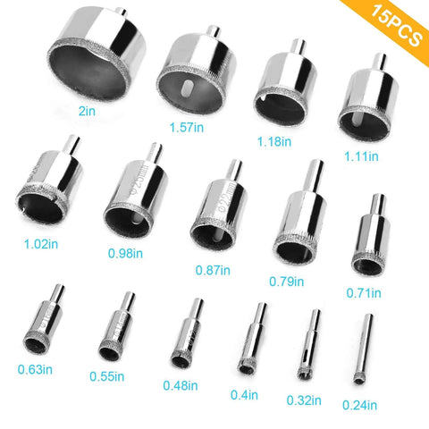 Front view: 15-piece diamond drill bit set for ceramic, tile, glass; chrome bits with diamond grit, sizes 0.24–2.0 in