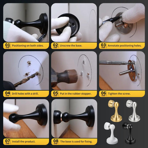 Step-by-step installation of Magnetic Door Stop Heavy Duty Stainless Steel Anti Rust Premium Door Stopper With Wall And Floor Mount For Various Door Types 1 Pack Matte Finish Fits Most Doors.