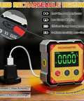 USB rechargeable Digital Angle Finder With Laser And Heavy Duty Magnets Cube Inclinometer For Table Saw And Woodworking Measuring Pro Grade Level Box With Auto Flip Display Waterproof And Dustproof Four Sided Magnet System Zero At Any Angle, USB cable and charger