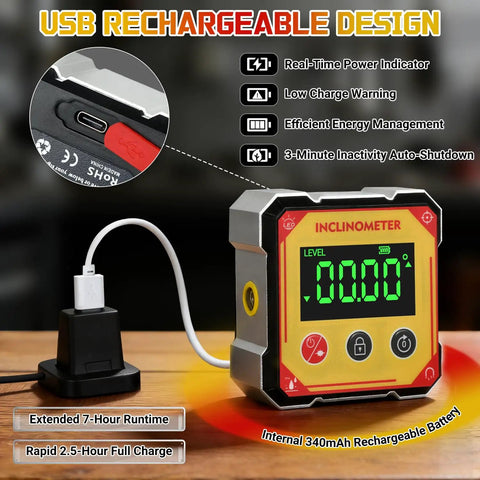 USB rechargeable Digital Angle Finder With Laser And Heavy Duty Magnets Cube Inclinometer For Table Saw And Woodworking Measuring Pro Grade Level Box With Auto Flip Display Waterproof And Dustproof Four Sided Magnet System Zero At Any Angle, USB cable and charger