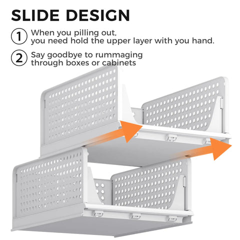 Two white stackable plastic storage baskets with slide design, showing foldable feature for Stackable Plastic Storage Baskets 4 Pack Foldable Closet Organizers For Wardrobe Kitchen Bathroom Office Dorm White All Purpose Drawer Shelving Containers Bins Great For Shoes Clothes Toys Snacks Files And More.