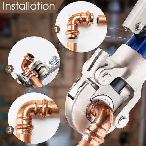 Zero Lead 3/4 Inch Copper Press Fittings Set, 12 Pieces, 45 Degree Elbow Couplings shown in installation with press tool