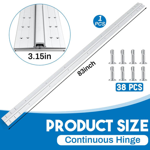Tough As Nails 83 Inch Continuous Piano Hinge Heavy Duty Anodized Aluminum with 38 screws, measuring 3.15 inches wide.