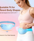 Woman wearing Cordless Portable Heating Pad For Period Cramps On The Go, showing adjustable belt fit and dimensions.