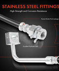 Close-up of stainless steel fittings on a Front Brake Hydraulic Hose For Ford F 250 And F 350 1980 1994 4WD Front Left And Front Right Passenger Side Replacement Direct Fit Twin I Beam And Monobeam Front Axles