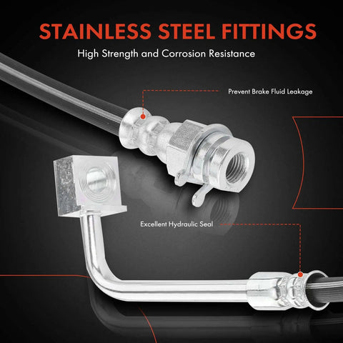 Close-up of stainless steel fittings on a Front Brake Hydraulic Hose For Ford F 250 And F 350 1980 1994 4WD Front Left And Front Right Passenger Side Replacement Direct Fit Twin I Beam And Monobeam Front Axles