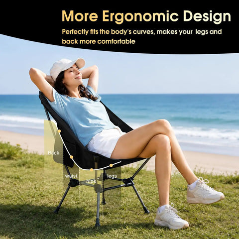 Person relaxing in Big And Roomy Portable Camping Chair With A 24 Inch Wide Seat Ultralight Foldable For Backpacking Hiking And Beach Trips