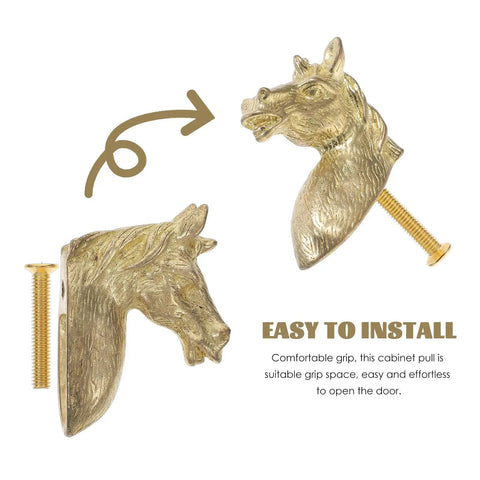 Real Deal Brass Animal Head Cabinet Knobs With Sweet Golden Finish Durable Drawer Pulls For Wardrobes Cupboards Easy Install Furniture Setup close-up showing horse design and mounting screw.