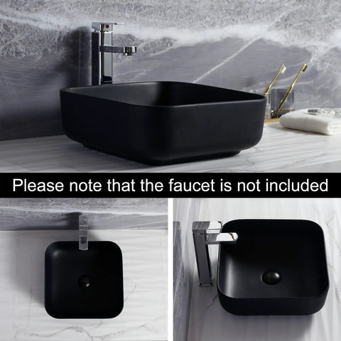 Square Vessel Bathroom Sink 15 By 15 Inches Black Ceramic Vanity Basin With Pop Up Drain Above Counter Modern Vessel Sink