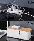 Before and after using Cable Management Box With Bamboo Lid For Hiding Extension Cords And White Surge Protectors