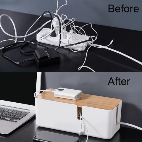 Before and after using Cable Management Box With Bamboo Lid For Hiding Extension Cords And White Surge Protectors
