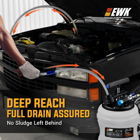 10.5 Liter Oil Extractor Pump For Engine Fluids Dual Manual And Pneumatic Power seen in action under the hood, demonstrating deep reach for fluid removal.