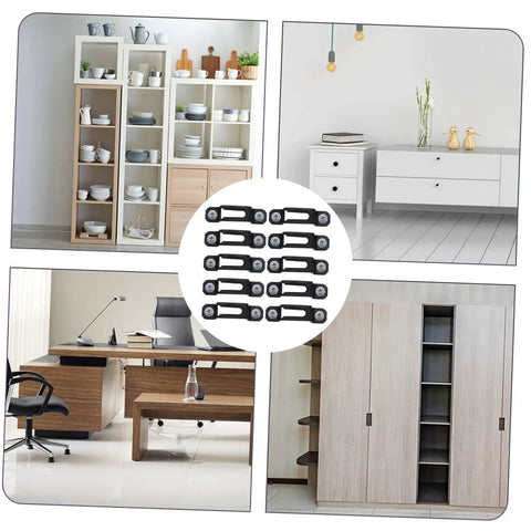 Fifty Pack Hidden Cabinet Connectors And Drawer Pull Screws With Slick Polished Finish For No Sweat Installation And Locked In Hold On Drawers Smooth Zinc Alloy Hardware shown with various furniture uses