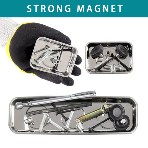 Magnetic Tray Set With 5 Lb Telescoping Magnetic Pickup Tool Includes One 8.9 Inch By 2.5 Inch Rectangle Tray And Two 3.7 Inch By 2.5 Inch Trays Pro Grade Heavy Duty Stainless Steel Magnetic Bowls For Screws Nuts And Small Parts For Mechanics. stainless steel magnetic trays with screws and pickup tool