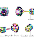 Premium 5A Cubic Zirconia Screw Back Stud Earrings For Men And Women Hypoallergenic Surgical Steel shown in various angles.