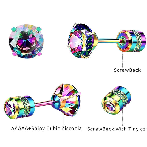 Premium 5A Cubic Zirconia Screw Back Stud Earrings For Men And Women Hypoallergenic Surgical Steel shown in various angles.
