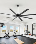 84 Inch Solid As A Rock Industrial Ceiling Fan With No Sweat Remote Setup And Eight Durable Aluminum Blades in a gym setting.