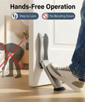 Hands-Free Knock To Lock Design, Heavy Duty Kickdown Door Stopper For Bottom Of Door, sleek brushed stainless steel, foot-activated