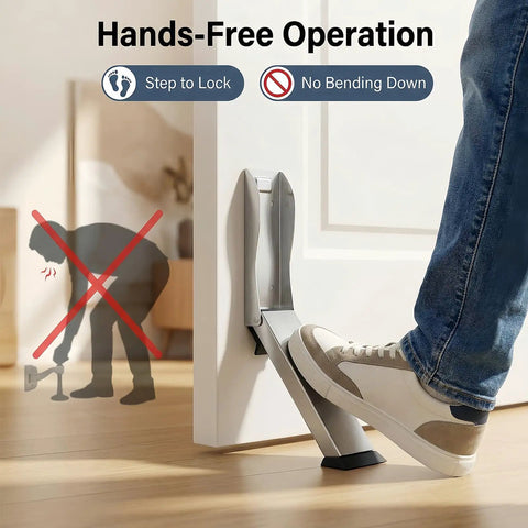 Hands-Free Knock To Lock Design, Heavy Duty Kickdown Door Stopper For Bottom Of Door, sleek brushed stainless steel, foot-activated