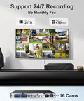 Display showing 4K 16 Channel PoE Security Camera System with surveillance footage, supported by 4TB NVR, for home and business use.