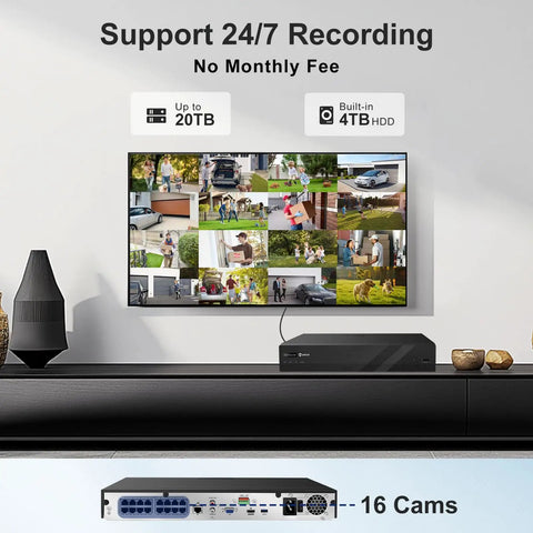 4K 16 Channel PoE Security Camera System with 12 Outdoor 8MP IP Cameras displayed on TV with 4TB NVR and 16 camera ports