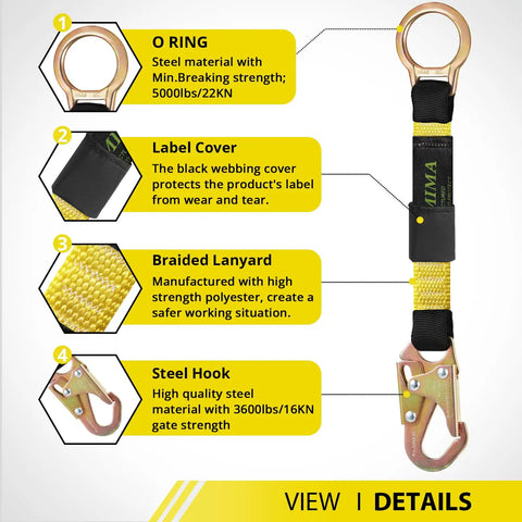 Heavy Duty Safety Harness Extension Lanyard 18 Inch D Ring Extender for Fall Protection with 5000 Lb Break Strength Polyester Webbing Durable Construction and Easy Clip for Jobsite Comfort, steel O-ring and hook