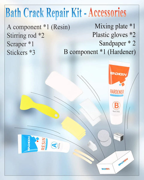 White All In One Bath Repair Kit For Enamel Porcelain Ceramic Tub Sink Shower Tray Tile And Toilet Cracks Chips Holes Scratches With 1 To 1 A And B Resin Mix And Pro Grade Tools For Quick Fix showing contents.