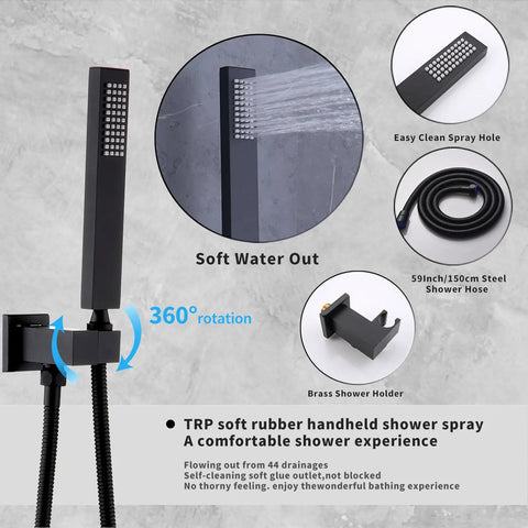 Slick Matte Black Full Body Shower System Featuring Digital Temperature Control Valve And 12 By 35 Inch Four In One Rainfall Showerhead Heavy Duty Brass Core Delivering Premium Spa Performance with handheld sprayer.