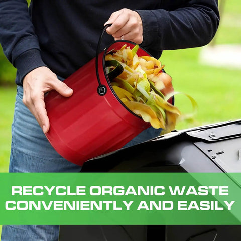 Person using Outdoor Dual Chamber 43 Gallon Compost Tumbler Kit With 1.5 Gallon Kitchen Bin Lid And Charcoal Filter Rotating Design
