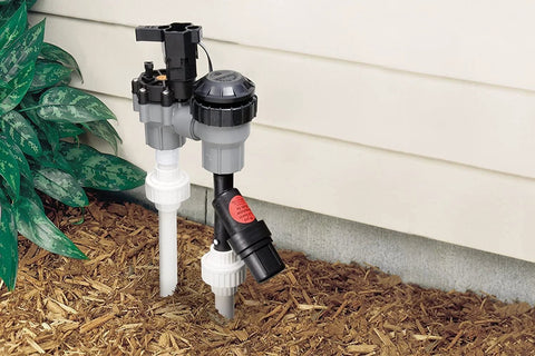 Rain Bird inline drip irrigation regulator and Y-filter with 3/4-inch male pipe thread, outdoors.