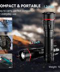 Beast Mode Bright Type C Rechargeable Flashlight, aluminum body, 4.7 inch size, shown in pocket and backpack, 106g weight.
