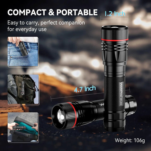 Beast Mode Bright Type C Rechargeable Flashlight, aluminum body, 4.7 inch size, shown in pocket and backpack, 106g weight.