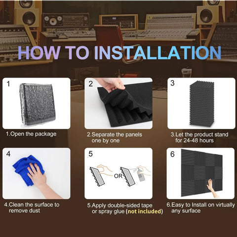 Installation steps for 50 Pack Dope Acoustic Foam Panels For Studio Walls, Soundproof, 1 Inch Thick, 12x12 Inches, Black.