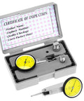 Dial test indicator set with yellow dial gauge, steel dovetail clamps in a gray plastic case by Amazon.