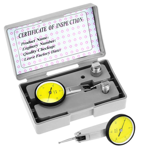 Dial test indicator set with yellow dial gauge, steel dovetail clamps in a gray plastic case by Amazon.