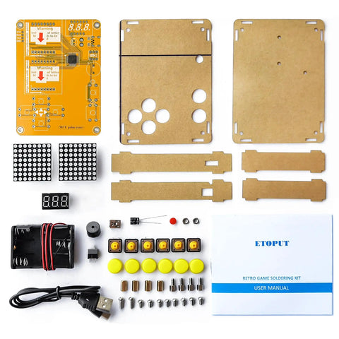 Components of Hands On Soldering Game Kit With Five Retro Classics In An Acrylic Case, USB Cable And Battery Box, Big 12mm Buttons
