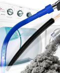 Two Piece Dryer Vent Cleaner Kit With Lint Vacuum Attachment And Flexible Dryer Lint Brush in blue, shown with dryer lint.