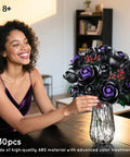 15 Black Rose Bouquet Building Set For Gothic Home Decor, DIY Dark Flower Kit With Purple Jewel Centers, No Vase Included, Create Mysterious Elegant Arrangements For A Bold Edgy Interior. 330-piece ABS set in glass vase
