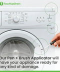 White Appliance Touch Up Paint Kit With Dual Pen And Brush Applicators For Home Repair shown used on a washing machine