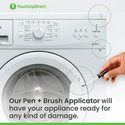 White Appliance Touch Up Paint Kit With Dual Pen And Brush Applicators For Home Repair shown used on a washing machine