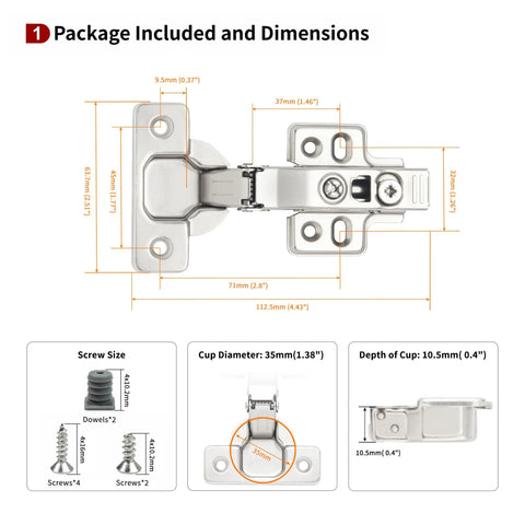 Two Pack Full Overlay Frameless Soft Close Concealed European Cabinet Hinges with 35mm Cup Diameter and 45mm Screw Hole Spacing