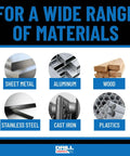 Drill America drill bit set graphic showing materials: sheet metal, aluminum, wood, stainless steel, cast iron, plastics.