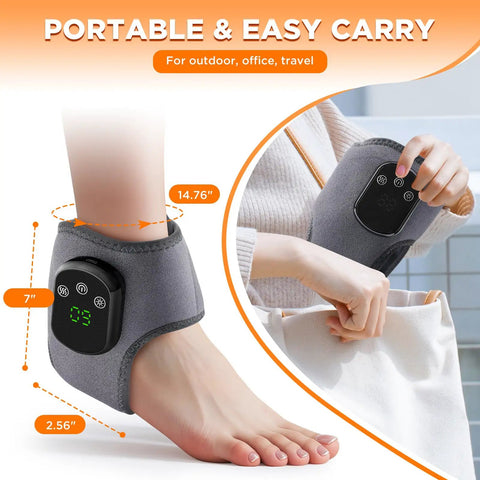 Wireless Ankle Heating Pad For Pain Relief And Neuropathy Portable Ankle Massager Wrap with 5 Heating Levels, shown on foot and held.